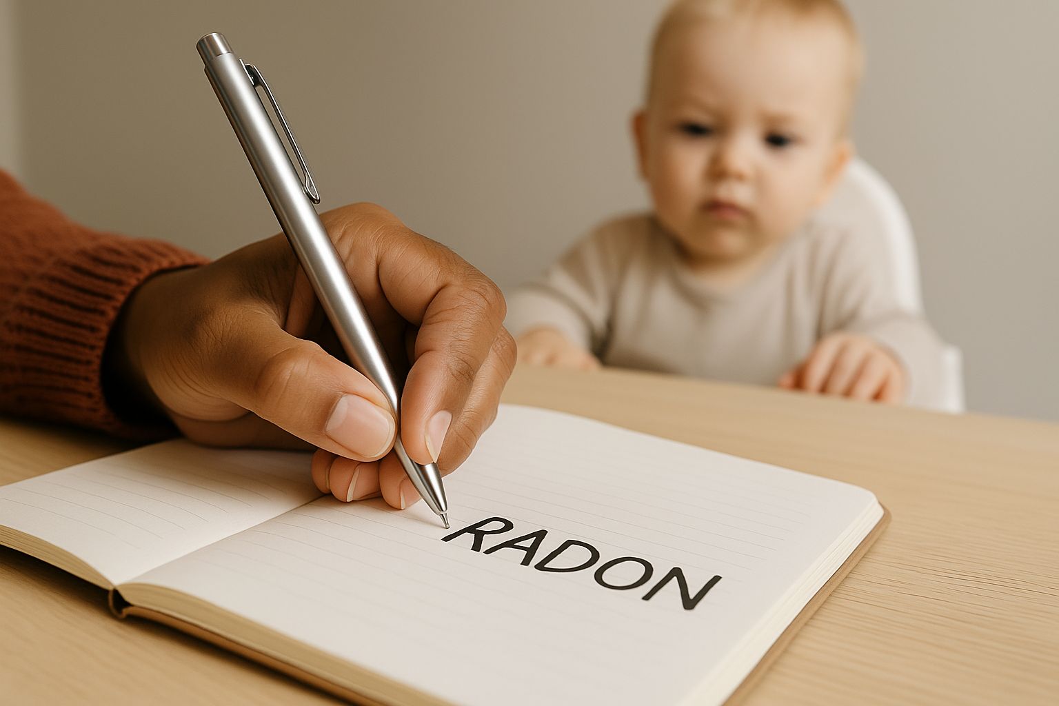 Föräldrar och barn vid radonsaneringsutrustning i hemmet